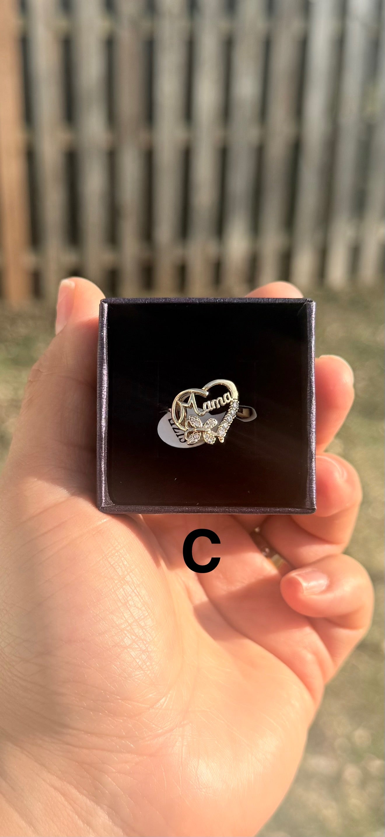 Gold Plated Mama Ring with Heart Design and Butterfly Accents Available in Various Sizes