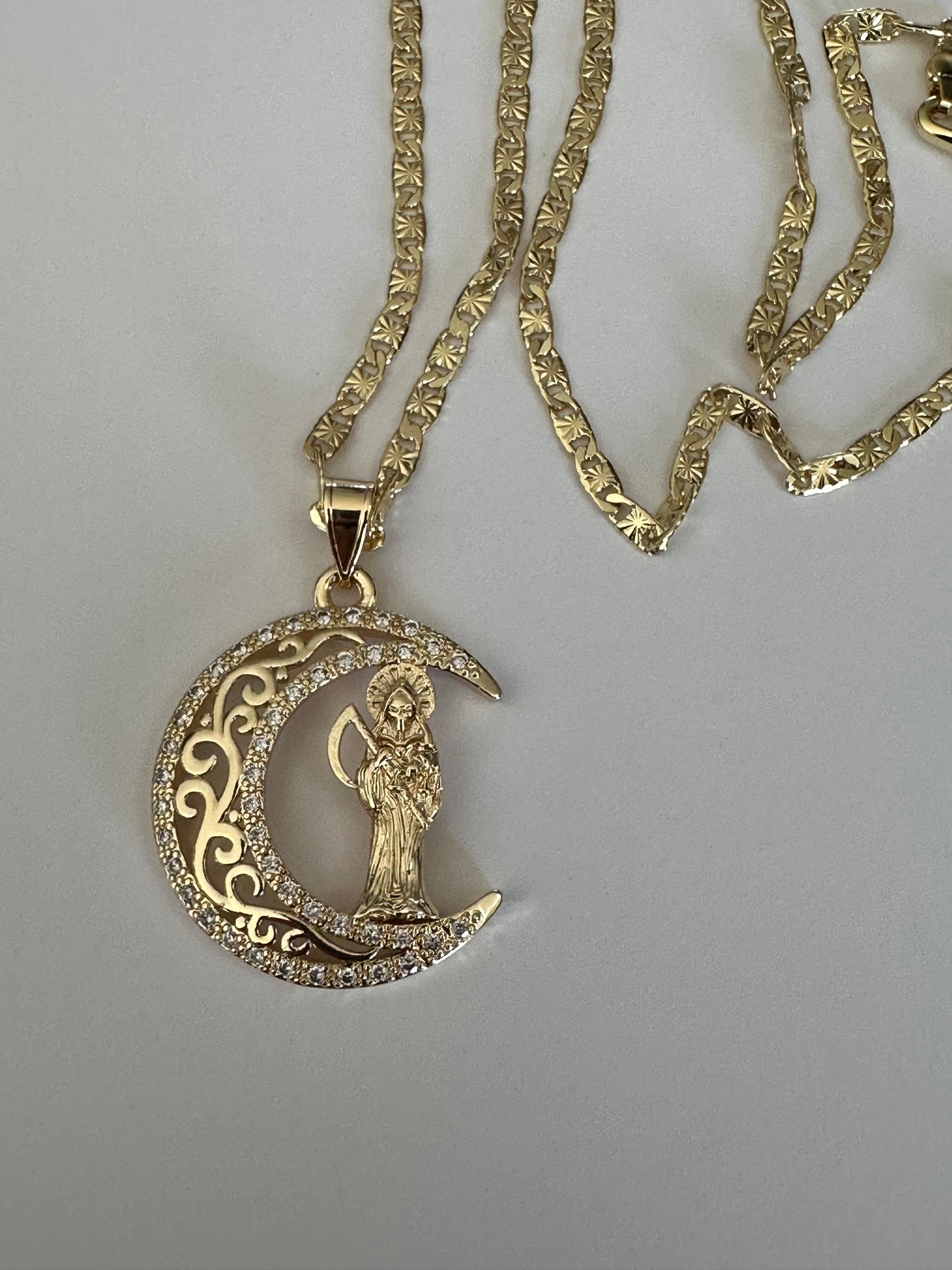 Gold Plated Santa Muerte Moon Pendant 24" Necklaces