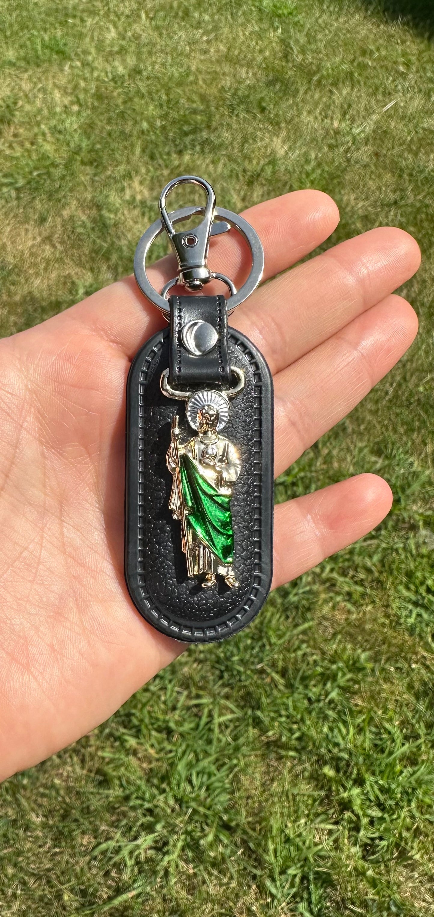 San Judas Tadeo Stainless Steel and Leather Keychain