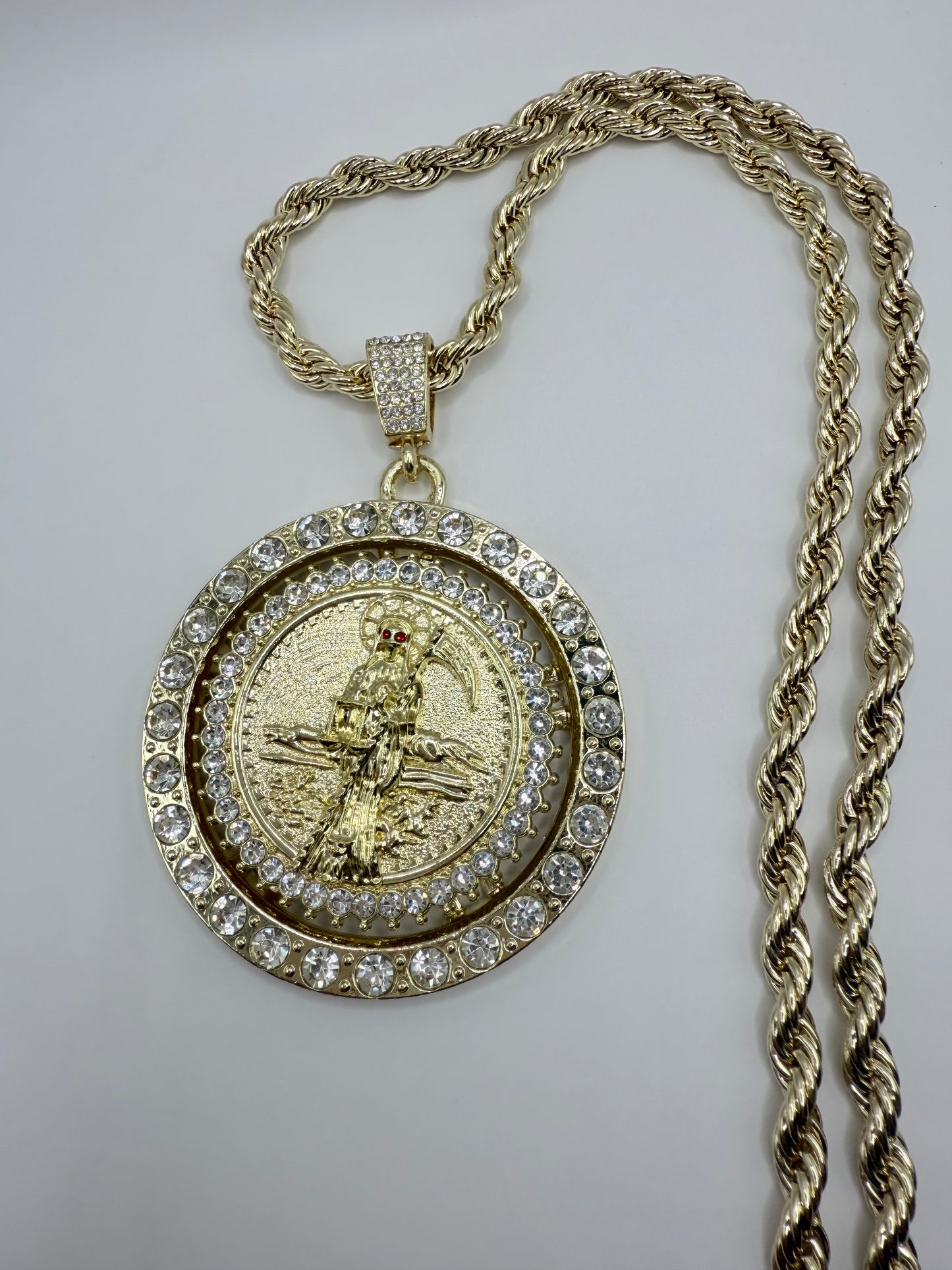 Gold Plated Holy Death Pendant with Elegant Design and Chain 24 Inch Rope Jewelry