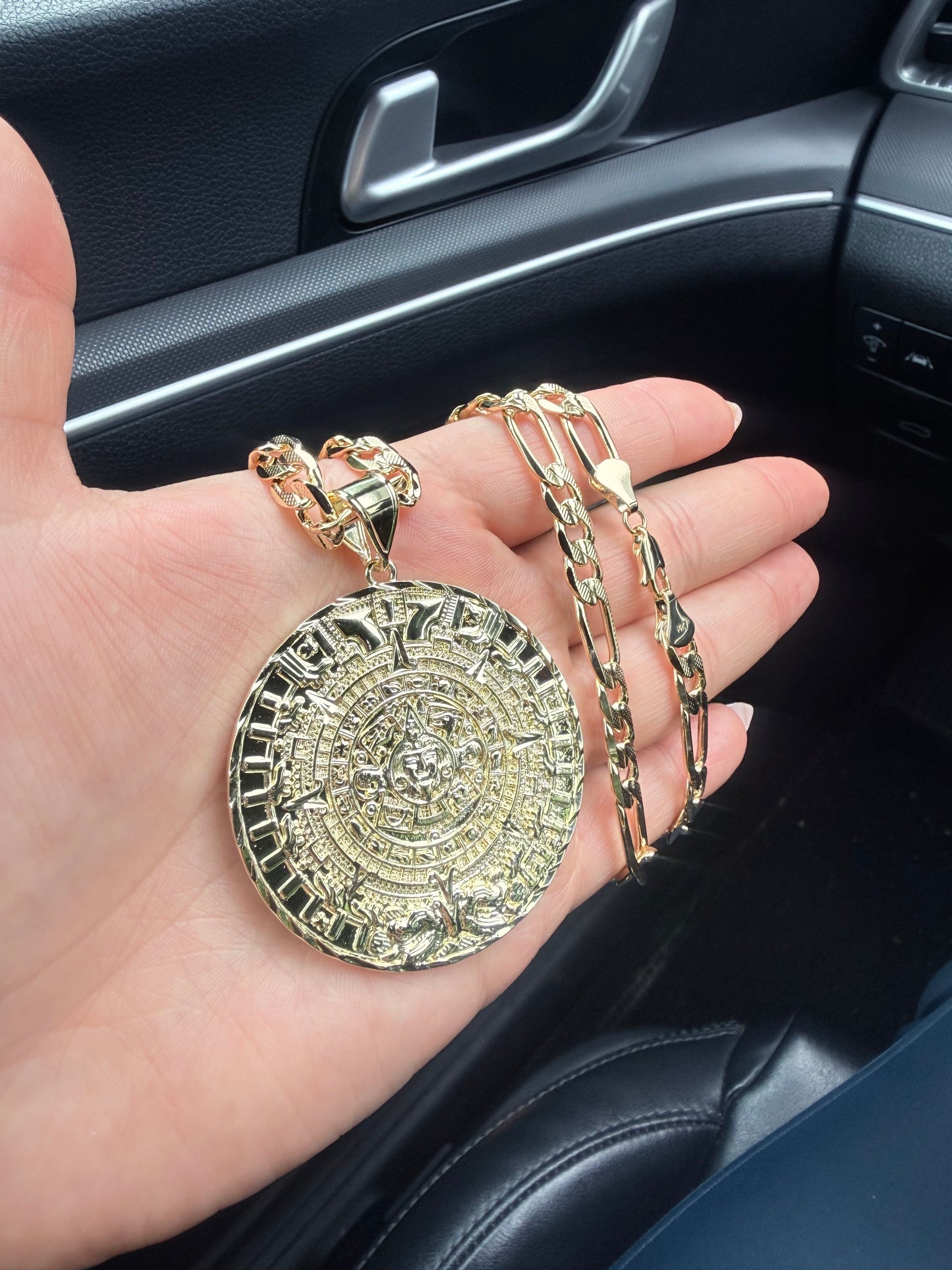 14k Gold Plated Aztec Calendar Big Pendant, Jewelry Accessory for Gold Necklaces
