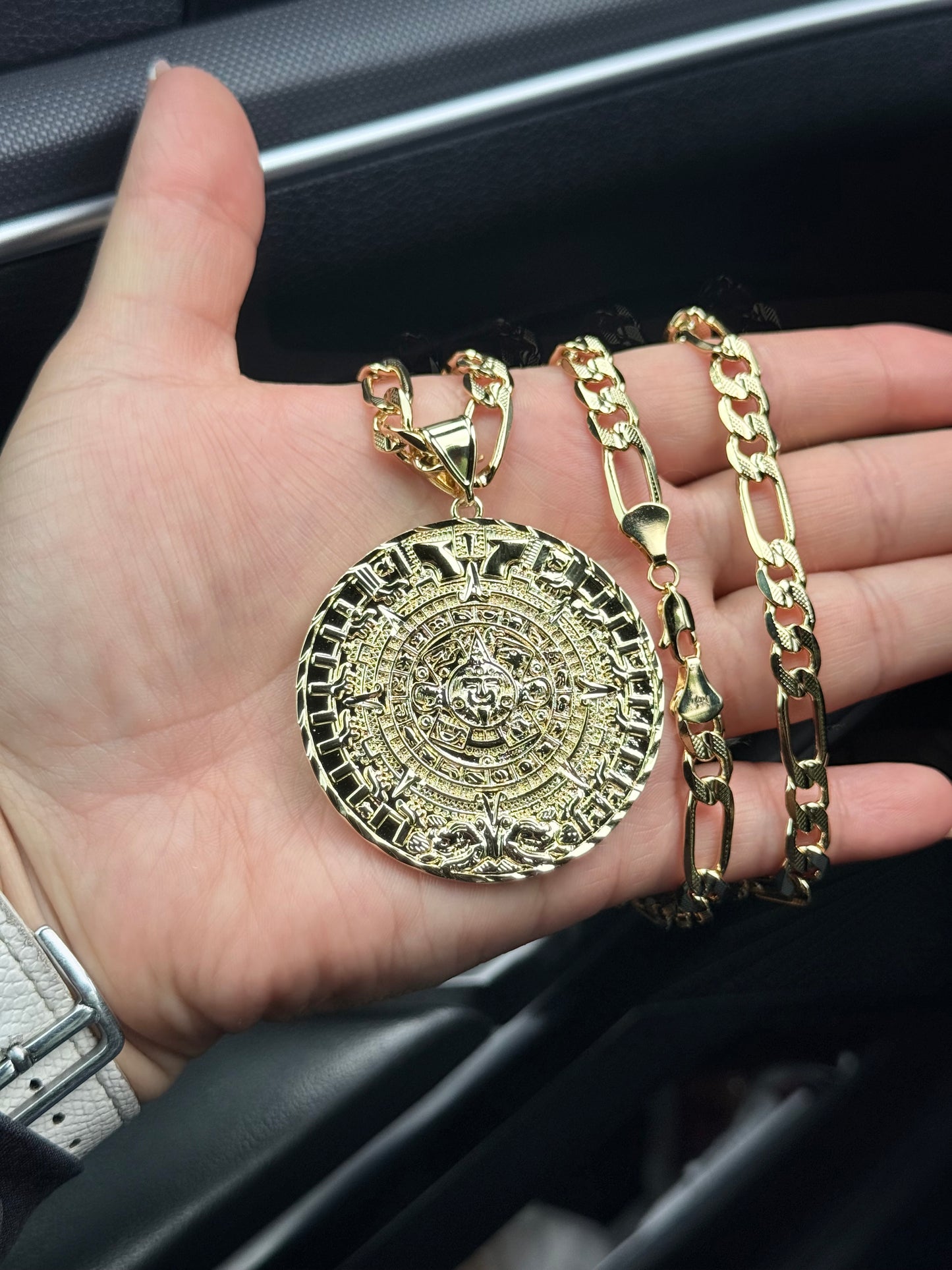 14k Gold Plated Aztec Calendar Big Pendant, Jewelry Accessory for Gold Necklaces