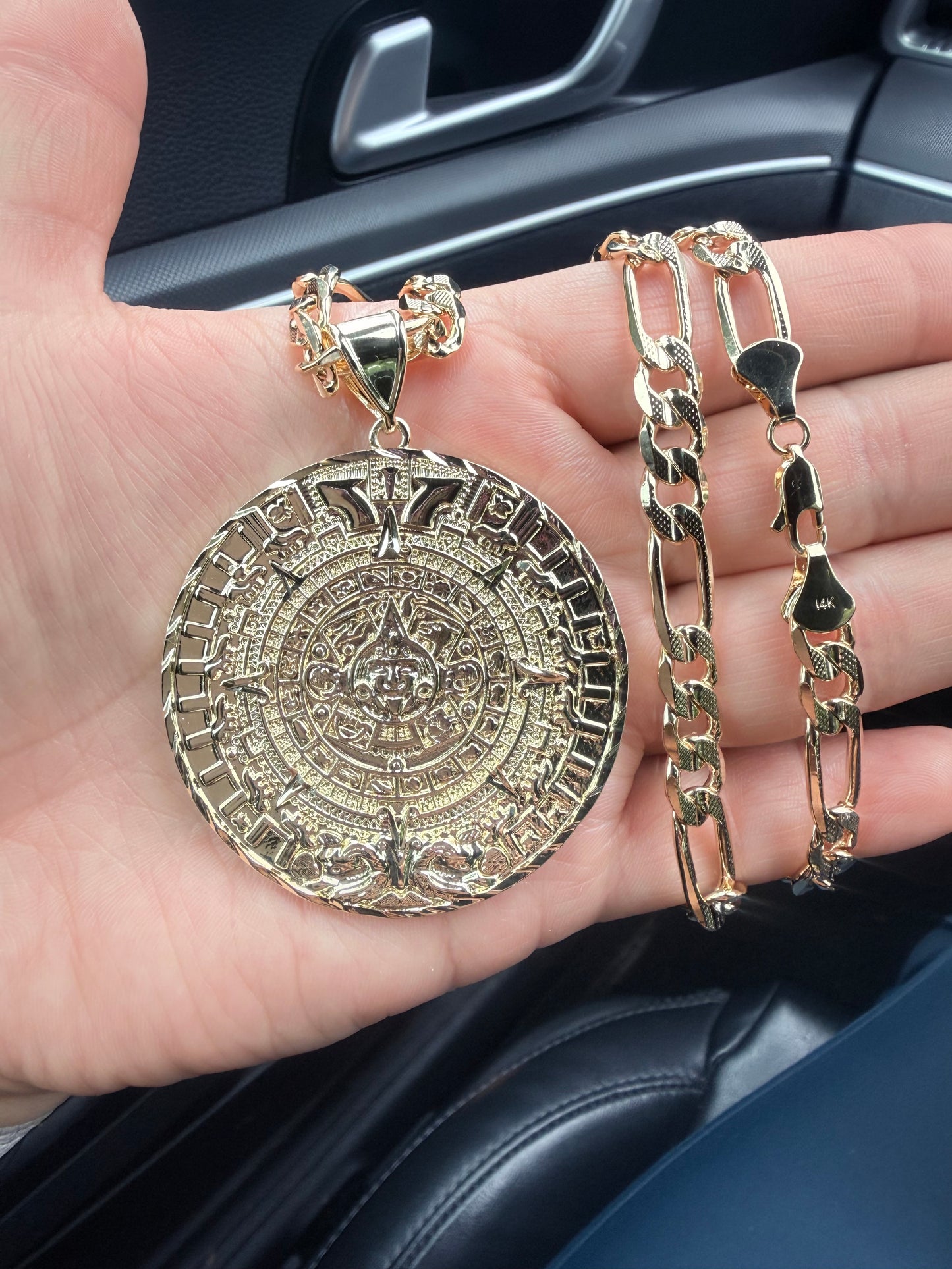 14k Gold Plated Aztec Calendar Big Pendant, Jewelry Accessory for Gold Necklaces