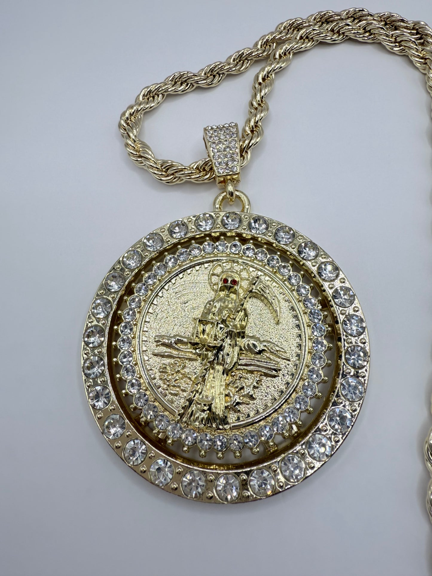 Gold Plated Holy Death Pendant with Elegant Design and Chain 24 Inch Rope Jewelry