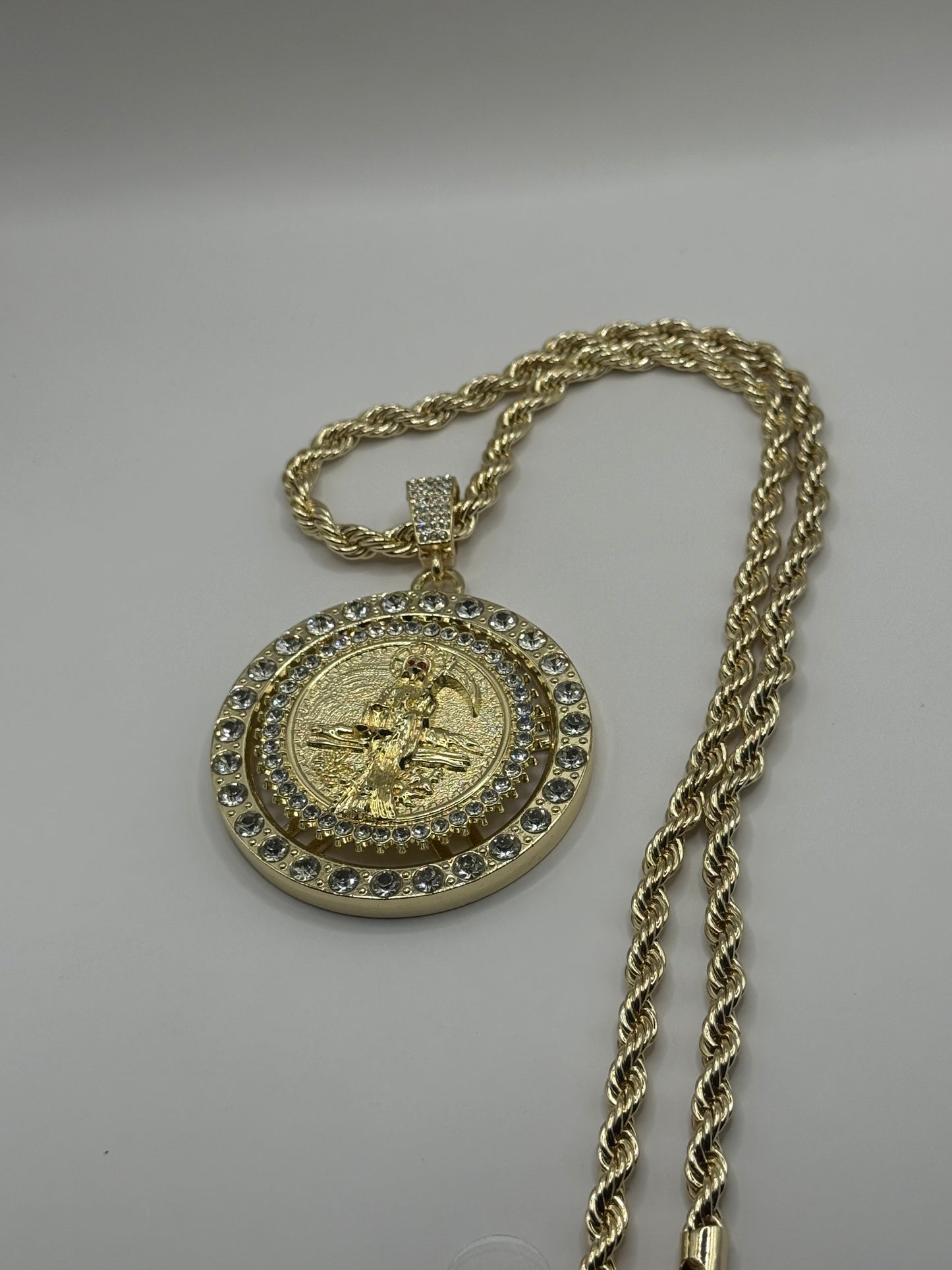 Gold Plated Holy Death Pendant with Elegant Design and Chain 24 Inch Rope Jewelry