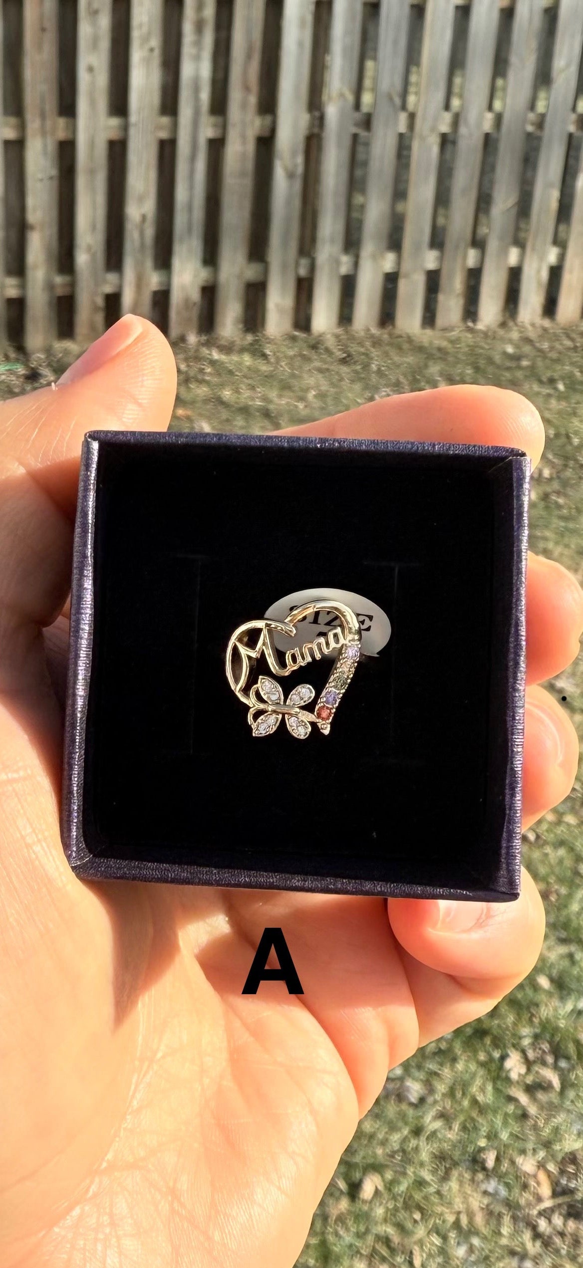 Gold Plated Mama Ring with Heart Design and Butterfly Accents Available in Various Sizes