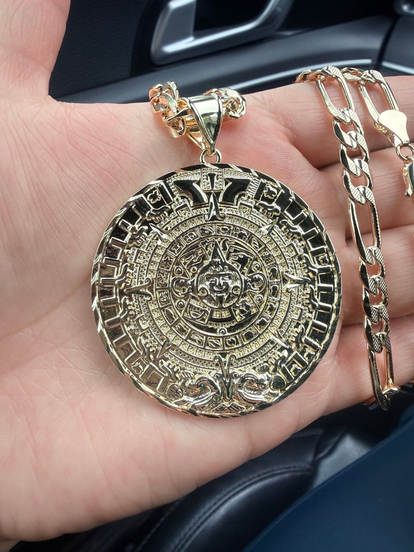 14k Gold Plated Aztec Calendar Big Pendant, Jewelry Accessory for Gold Necklaces