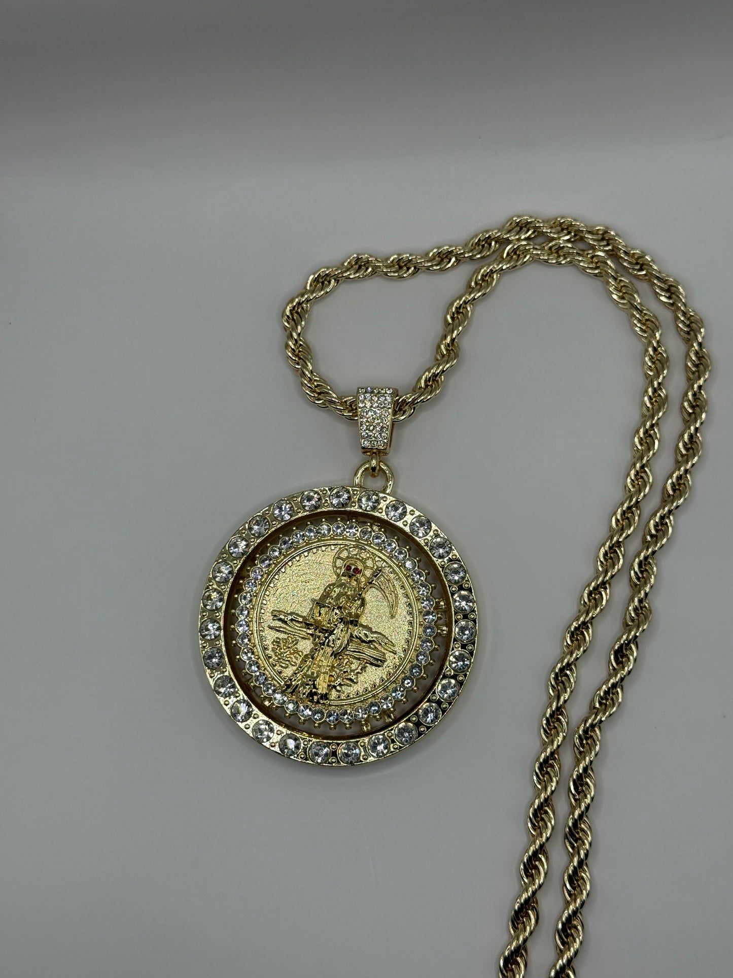Gold Plated Holy Death Pendant with Elegant Design and Chain 24 Inch Rope Jewelry