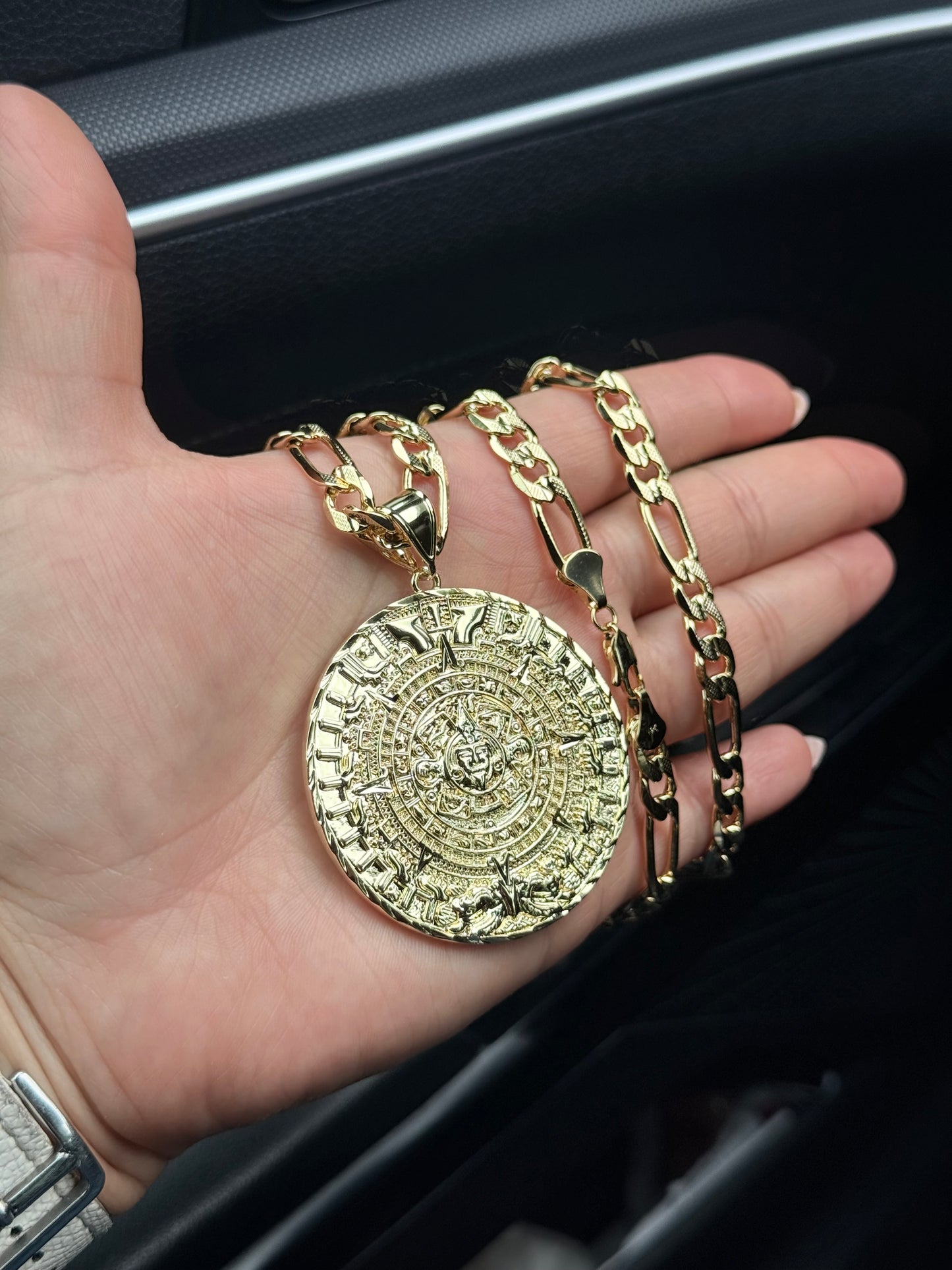 14k Gold Plated Aztec Calendar Big Pendant, Jewelry Accessory for Gold Necklaces