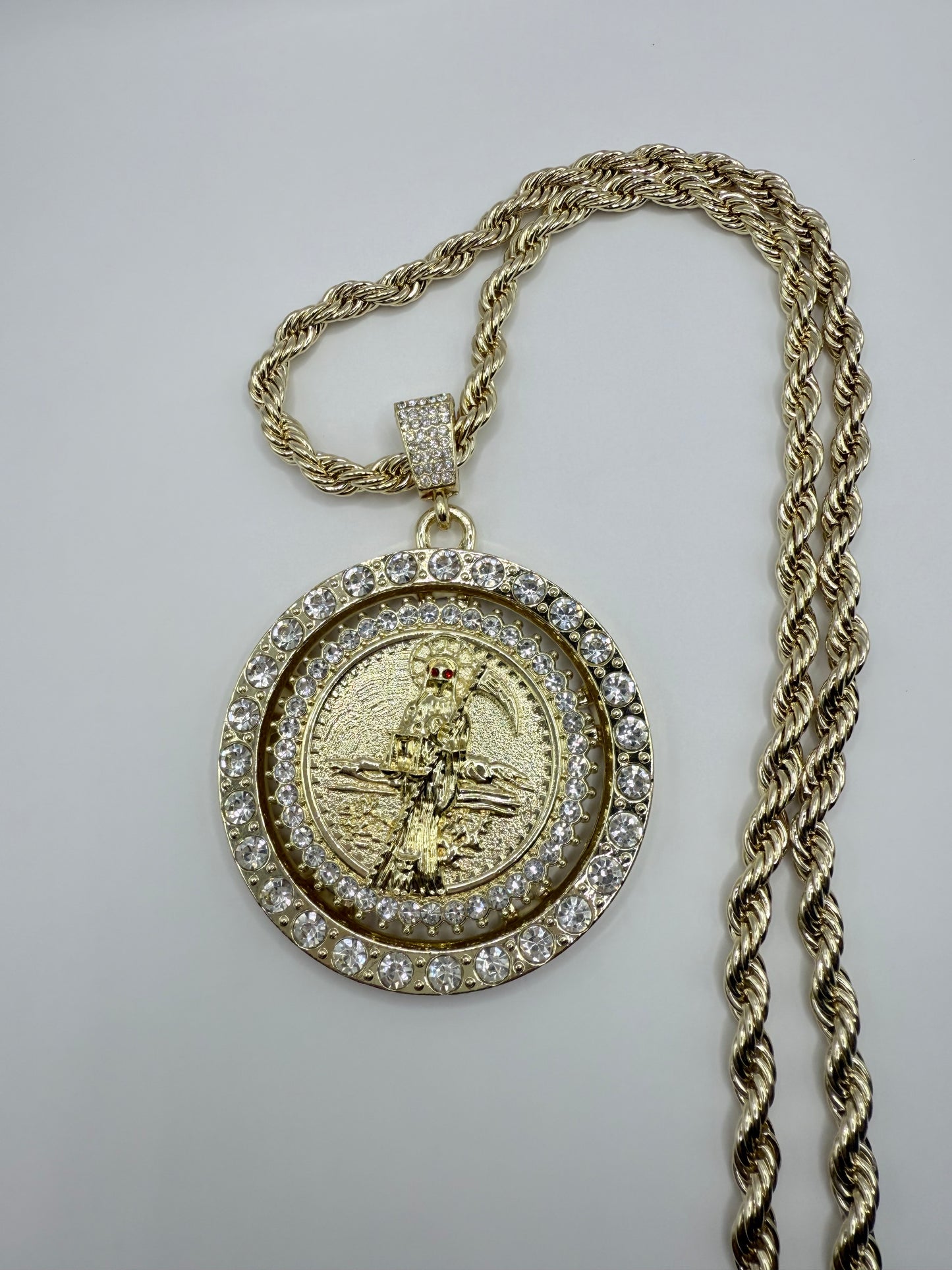 Gold Plated Holy Death Pendant with Elegant Design and Chain 24 Inch Rope Jewelry