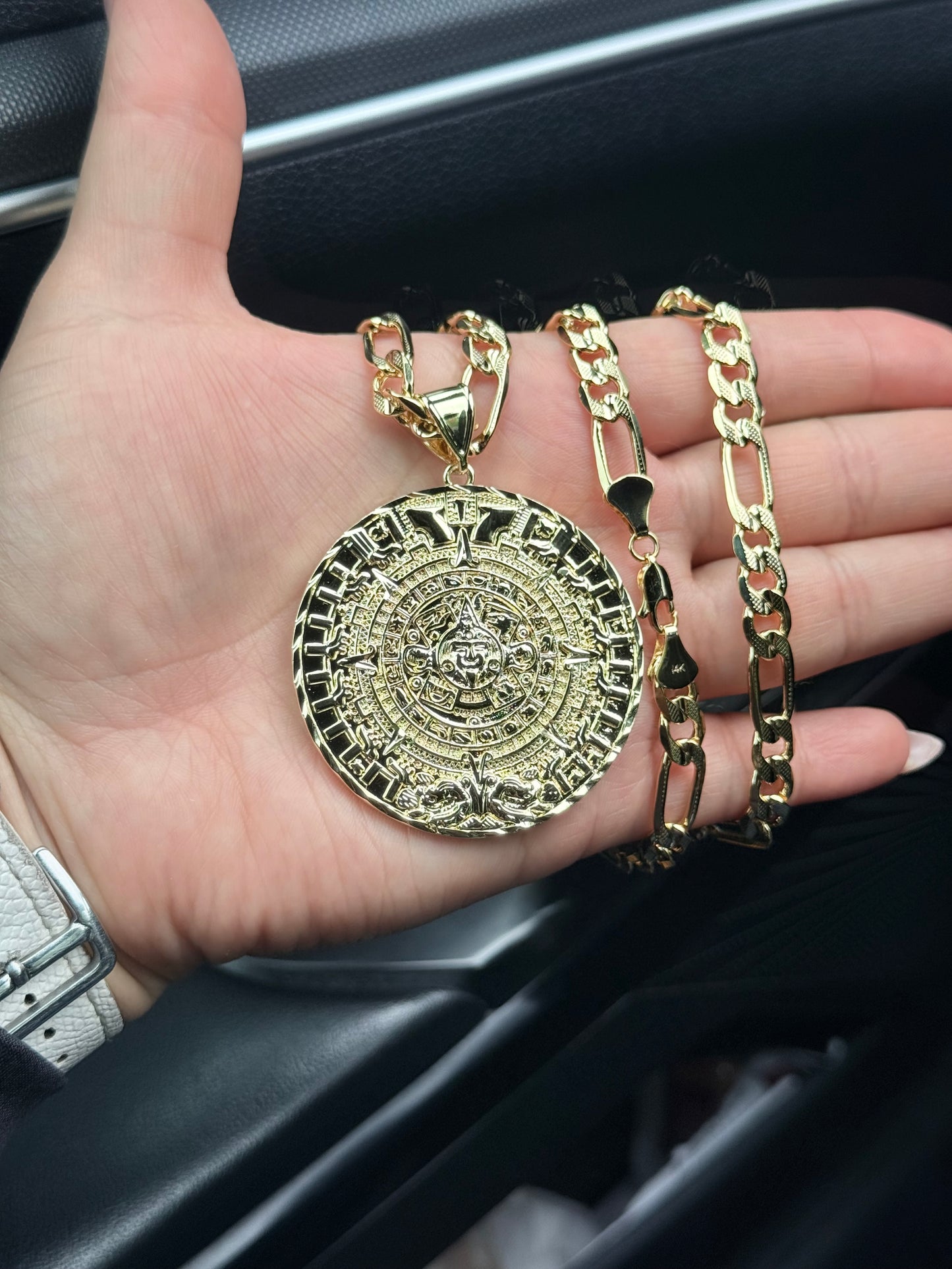 14k Gold Plated Aztec Calendar Big Pendant, Jewelry Accessory for Gold Necklaces