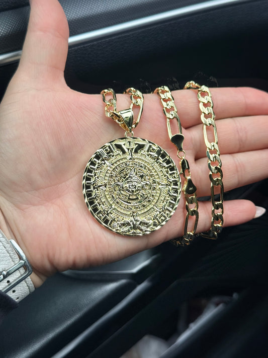 14k Gold Plated Aztec Calendar Big Pendant, Jewelry Accessory for Gold Necklaces