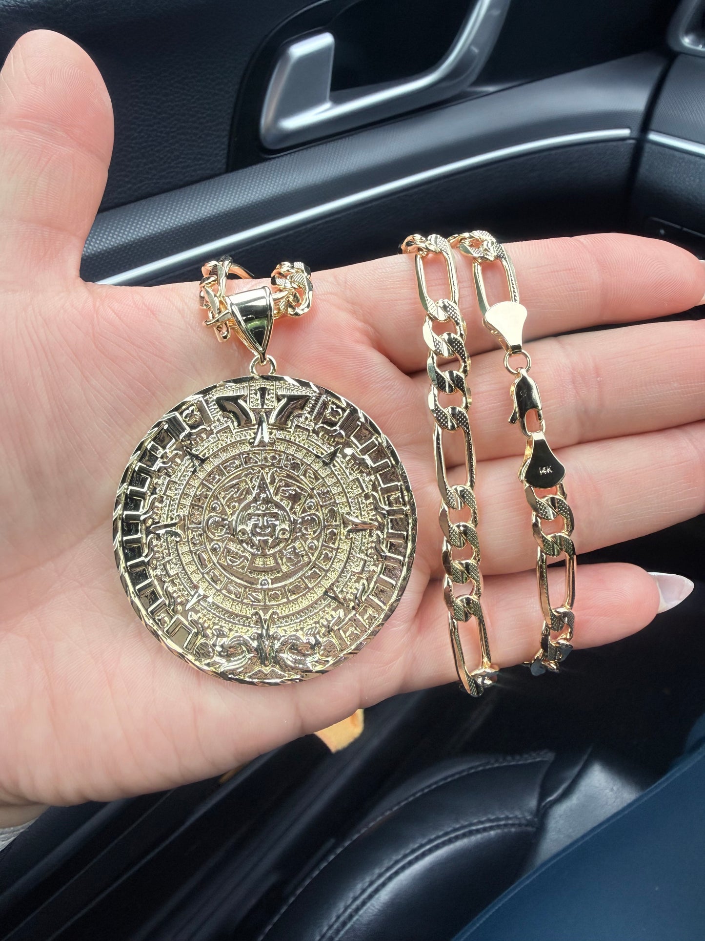 14k Gold Plated Aztec Calendar Big Pendant, Jewelry Accessory for Gold Necklaces