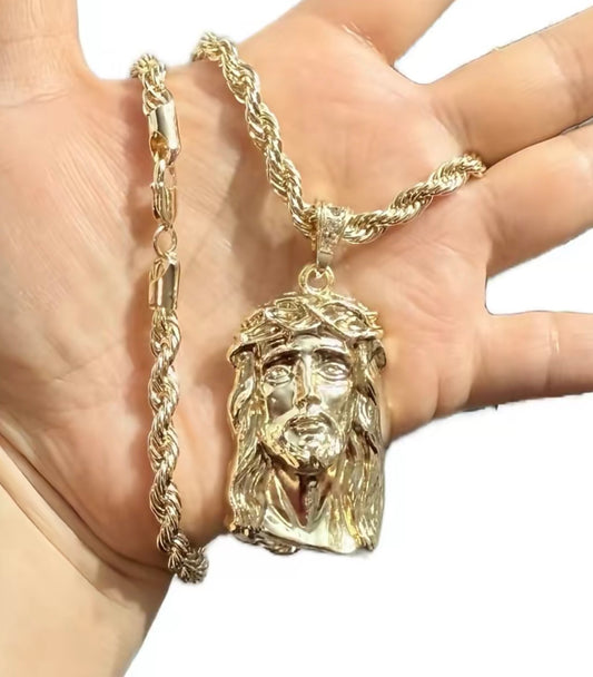 Jesus Big Pendant Necklace Gold Plated 24" Inches Chain with Detailed Pendant Design Fashion Jewelry